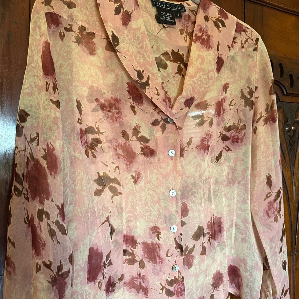 Elegant Floral Button-Up 100% silk Blouse - Pink and Brown